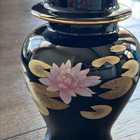 Lotus Otagiri Japan Lidded Black With Gold and Pink Flower Urn - Picture 8 of 8